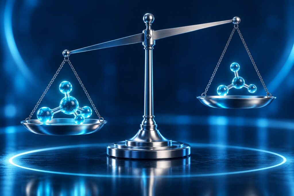 Une balance de précision dont les plateaux portent deux molécules lumineuses de tailles différentes
