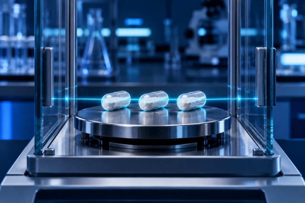 Capsules alignées sur la plateforme d'une balance analytique de précision dans un laboratoire