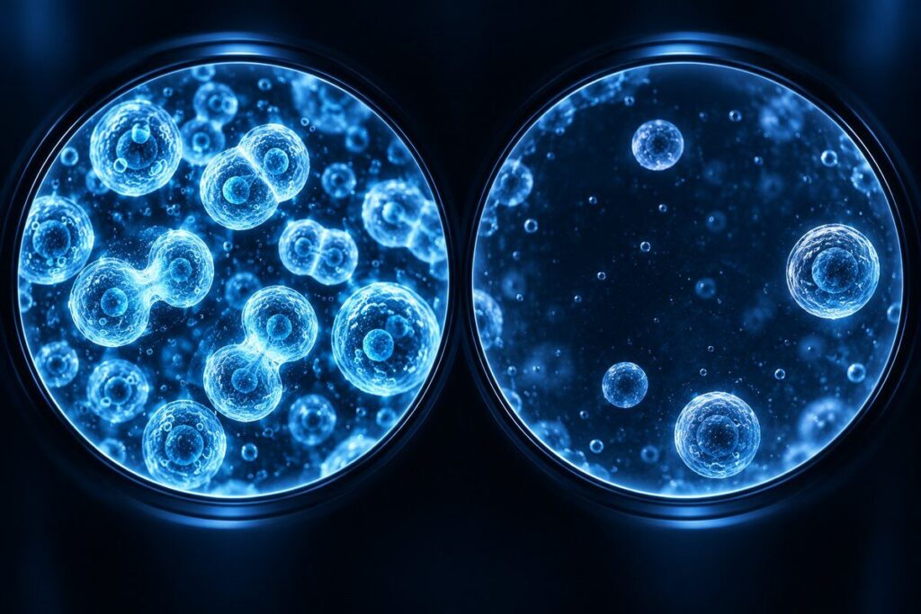 Deux vues de microscope côte à côte aux résultats opposés, symbole d'un débat scientifique