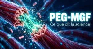 PEG-MGF : fibre musculaire abîmée vers laquelle migrent des cellules de réparation lumineuses