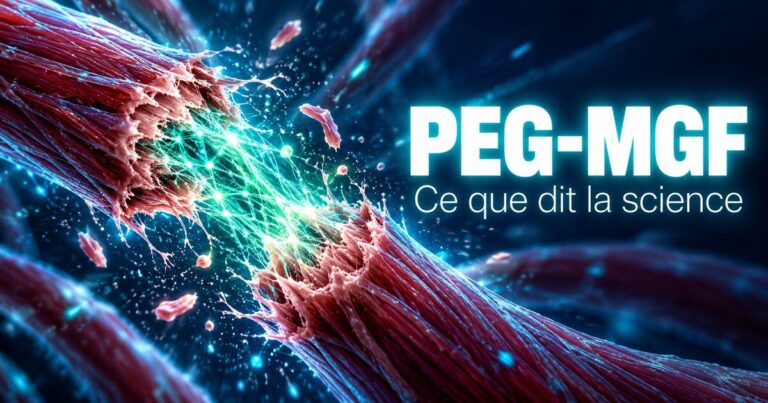 PEG-MGF : fibre musculaire abîmée vers laquelle migrent des cellules de réparation lumineuses