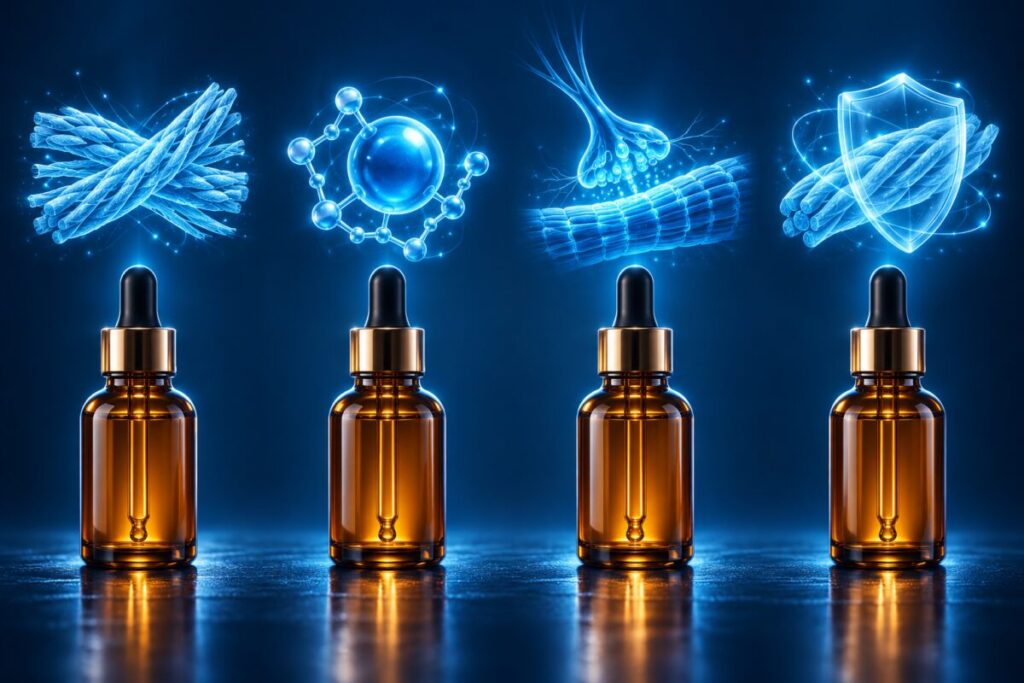Peptides en cosmétique : quatre flacons ambrés surmontés chacun du symbole lumineux de leur famille