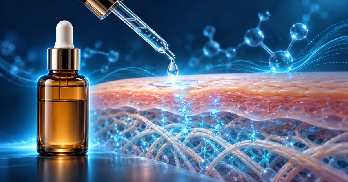 Goutte de sérum tombant sur une coupe de peau en 3D où pénètrent des peptides lumineux