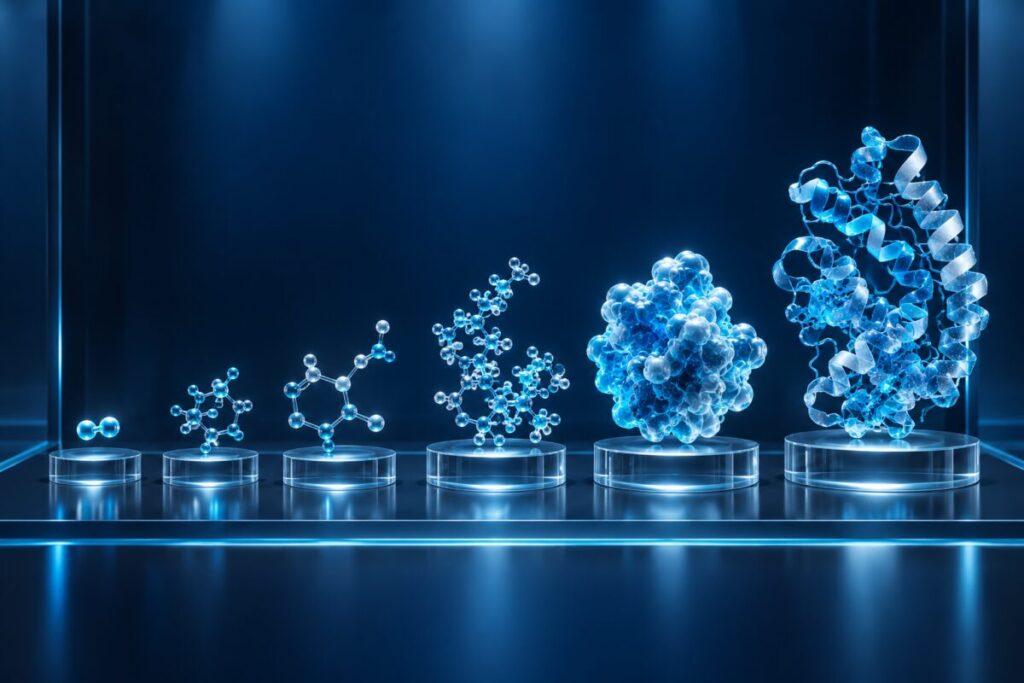 Une collection de six molécules lumineuses de tailles différentes rangées comme dans une vitrine