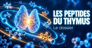 Peptides du thymus : une glande lumineuse entourée de plusieurs molécules en orbite