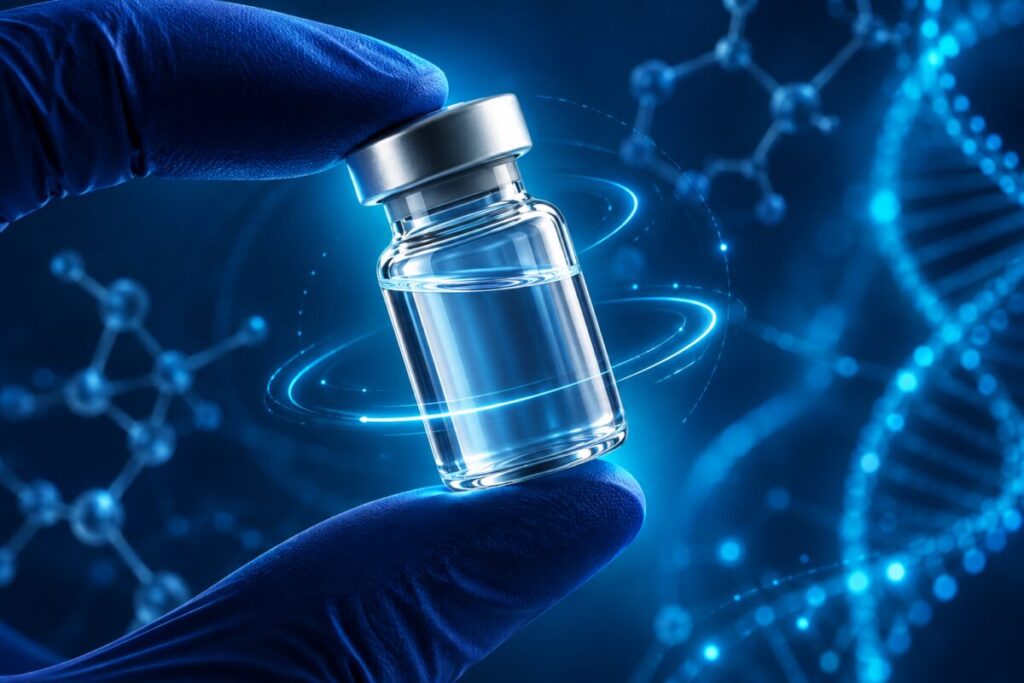 Reconstitution BPC-157 : Flacon de peptide reconstitué tenu entre deux doigts gantés et tourné doucement
