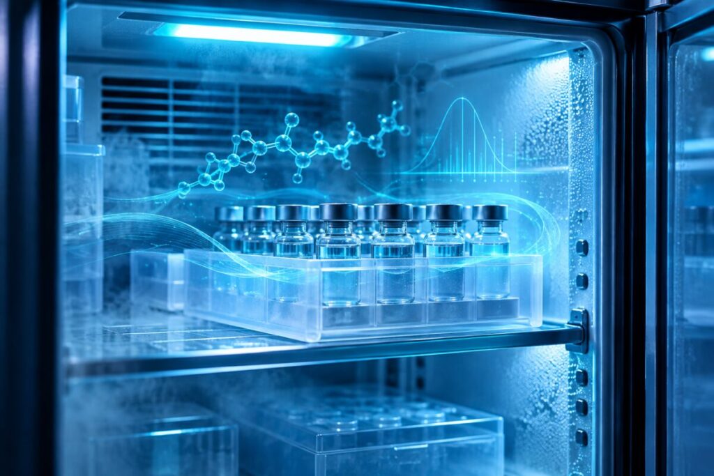 Flacons de peptide rangés dans un réfrigérateur de laboratoire, à l'abri de la lumière