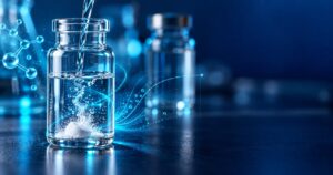 Eau bactériostatique coulant le long de la paroi d'un flacon de BPC-157 lyophilisé