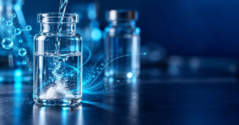 Eau bactériostatique coulant le long de la paroi d'un flacon de BPC-157 lyophilisé