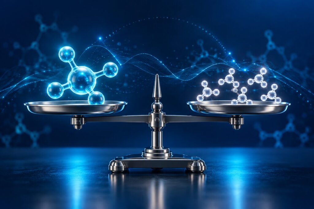 Balance équilibrée avec une grosse molécule d'un côté et plusieurs petites de l'autre