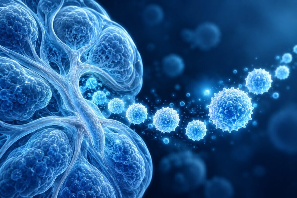 Des lymphocytes sphériques lumineux qui sortent d'un tissu glandulaire stylisé