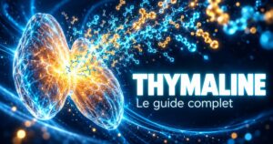 Thymaline : une glande thymique stylisée d'où s'échappent de nombreuses petites chaînes lumineuses