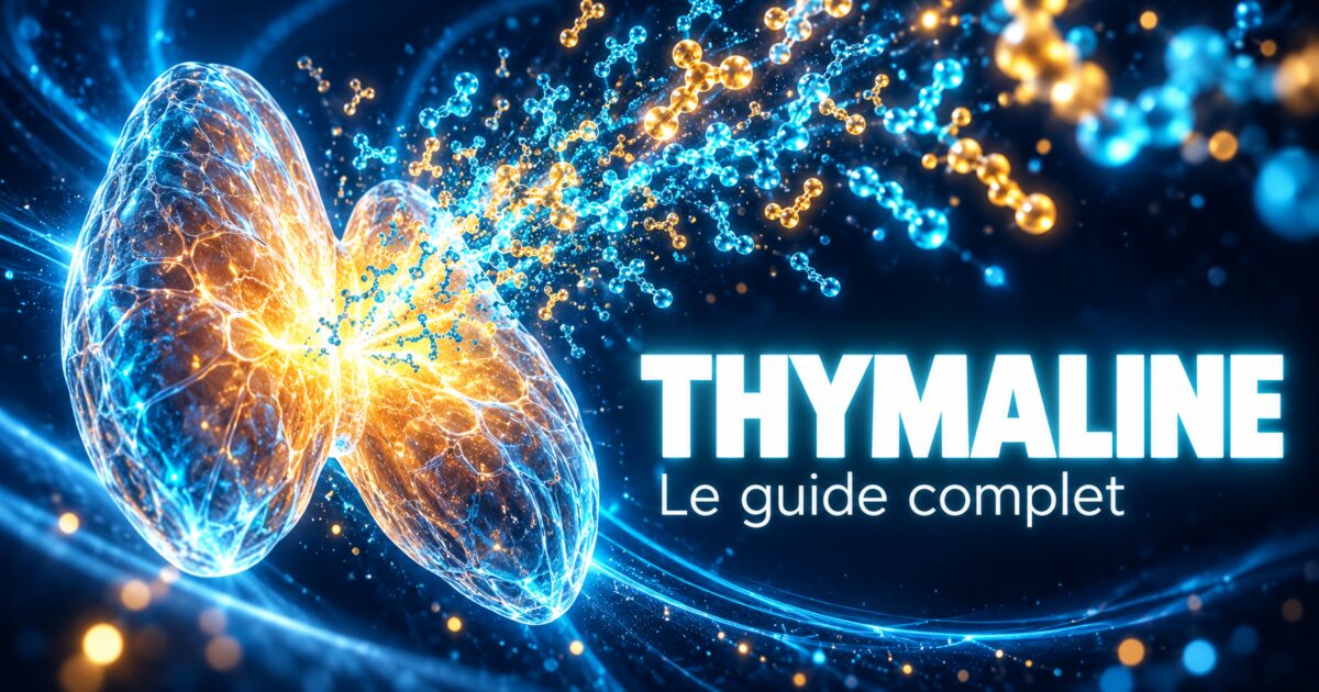 Thymaline : une glande thymique stylisée d'où s'échappent de nombreuses petites chaînes lumineuses