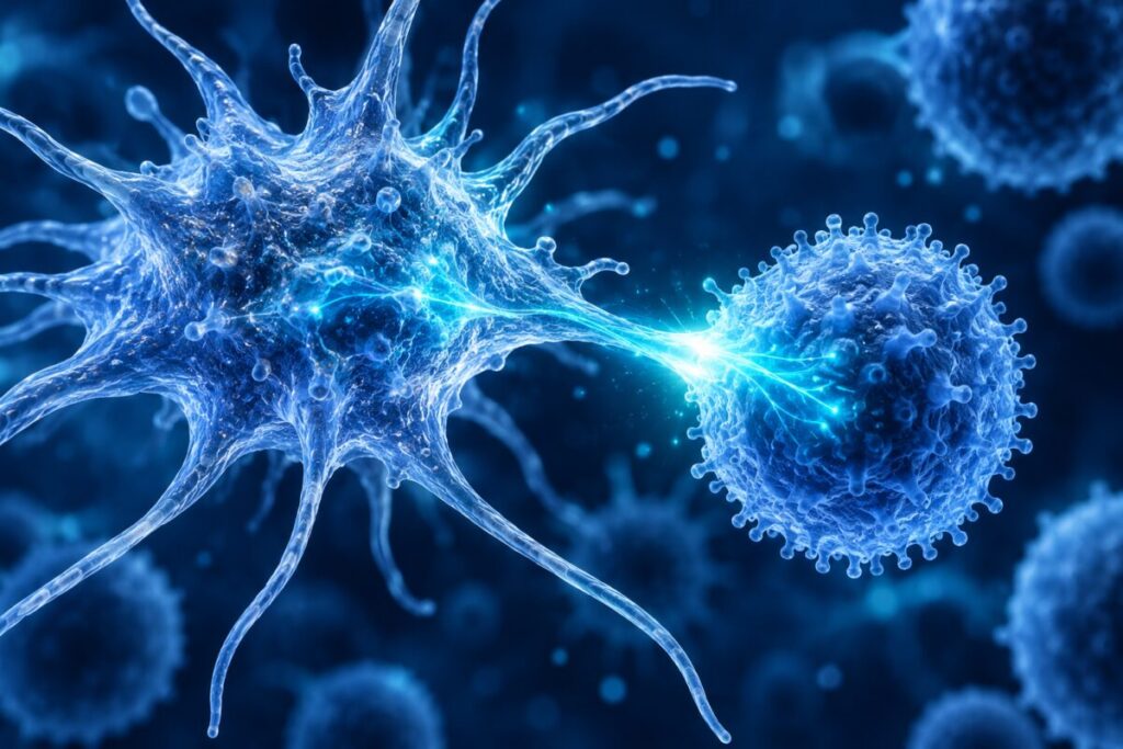 Une cellule dendritique étoilée qui présente un signal lumineux à un lymphocyte rond