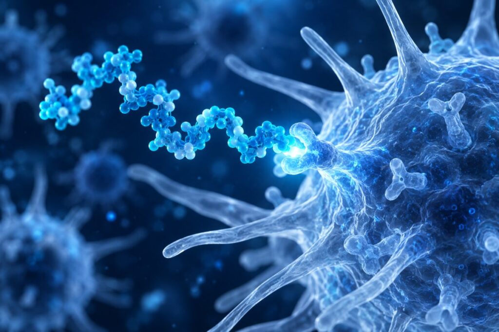 Une chaîne peptidique cyan au contact d'une cellule immunitaire étoilée