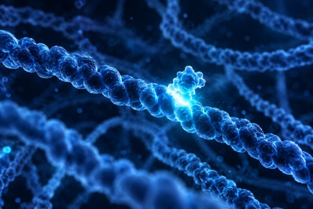 Une protéine lumineuse accrochée à un réseau de filaments torsadés
