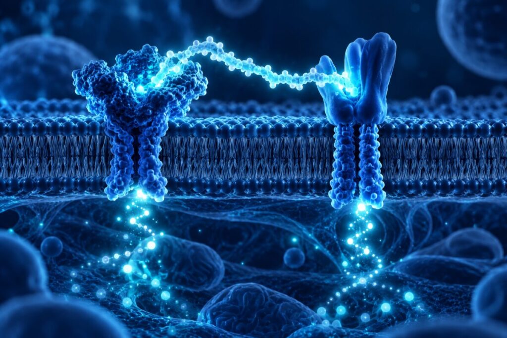 Une même molécule qui relie deux récepteurs différents à la surface d'une cellule