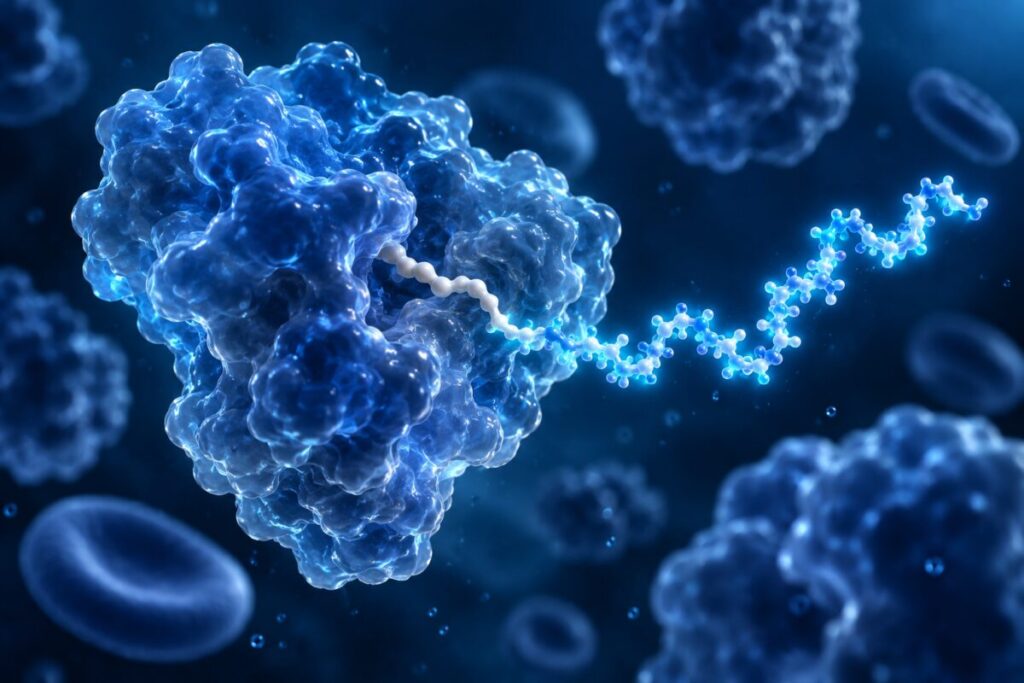 Une chaîne peptidique dont la queue lipidique s'accroche à une grosse protéine sanguine globulaire