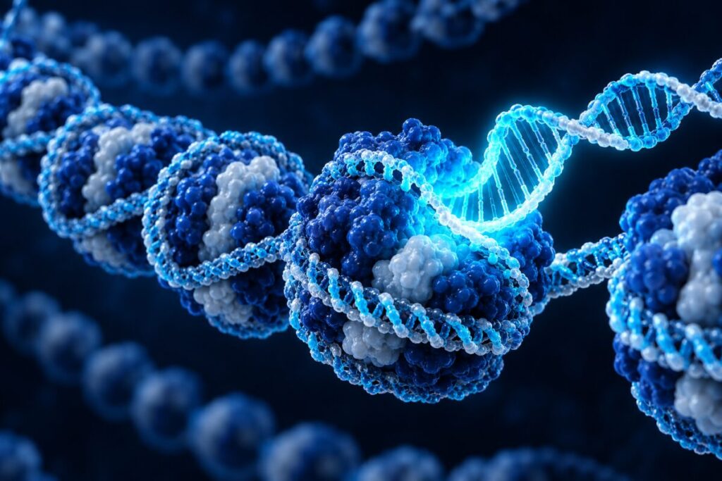 Une fibre de chromatine qui se déroule et s'illumine autour de nucléosomes