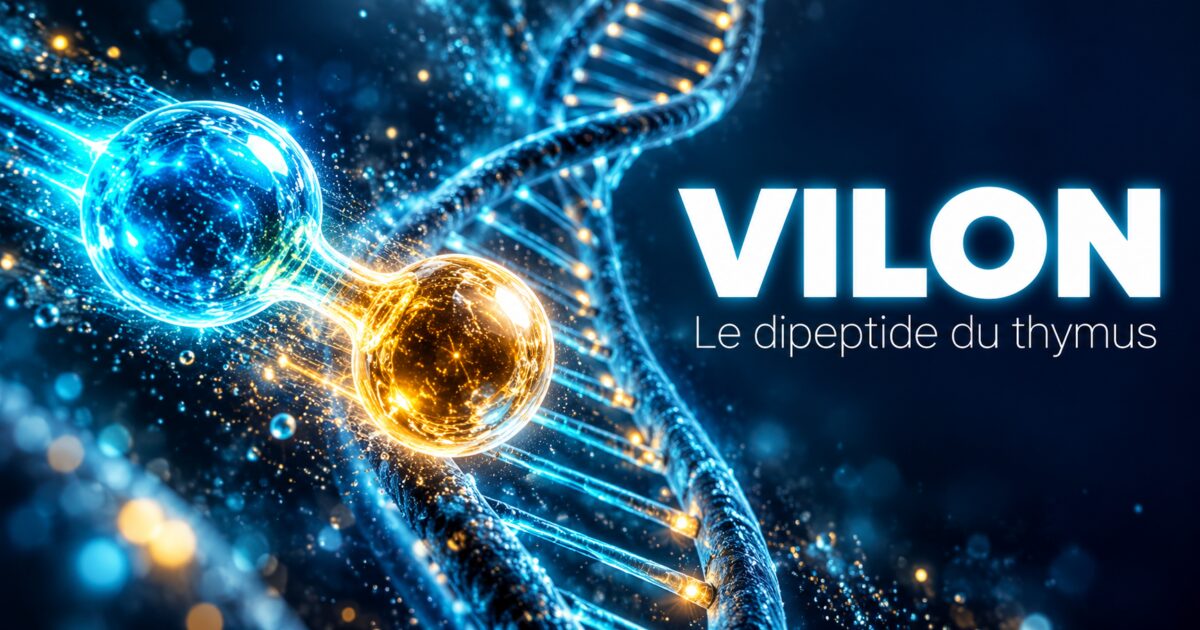 Vilon : deux sphères lumineuses liées qui s'approchent d'un brin d'ADN